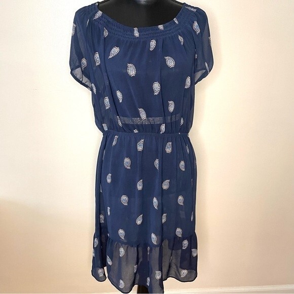 Daisy Fuentes Gaya Evening Dress Sheer Feather Midi Navy Blue Size Large - Picture 1 of 8